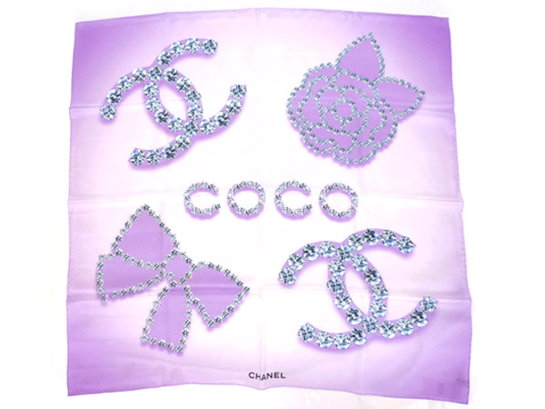 1円 超美品 シャネル ココマーク シルク スカーフ パープルBX188