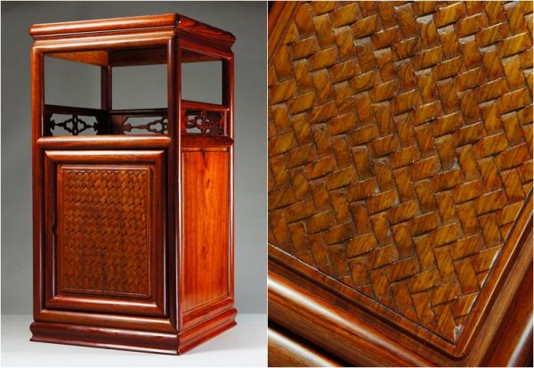 古美倉◆古い花梨材　網代目彫前扉/四方角台/電話台