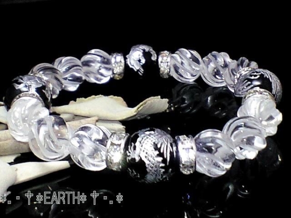 天然石★12ミリ銀彫四神獣黒瑪瑙&10ミリSライン彫水晶　数珠A