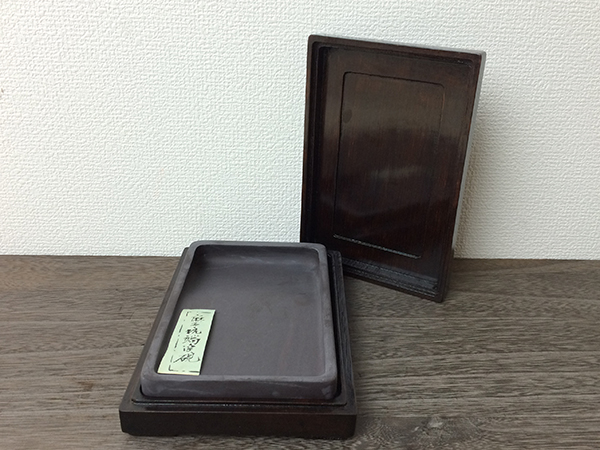 麻子抗端渓硯 木箱付 書道 道具 15×10cm 墨 墨汁 伝統 黒