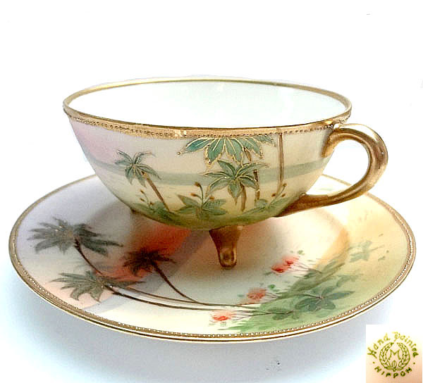 ■オールドノリタケ■夕焼けヤシの木風景・カップ&ソーサー