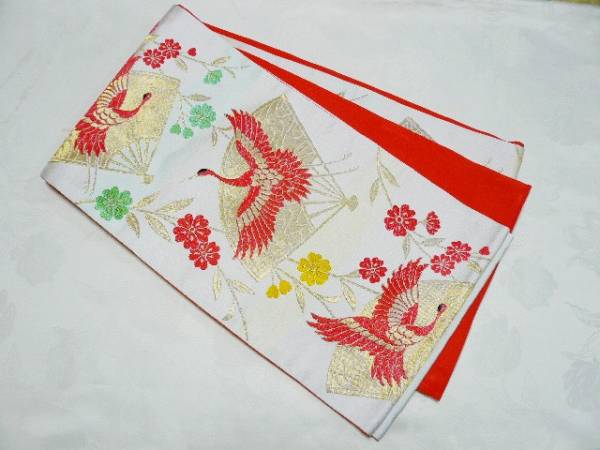 女児用帯★白地　赤鶴柄　七五三