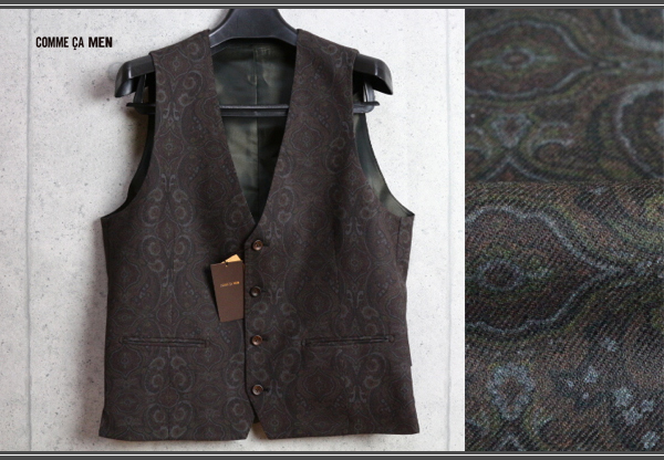 新品コムサメン新作ペイズリー柄ウールジレS濃茶ベスト2.8万2