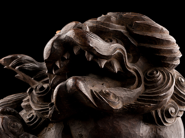 【流】古美術品 時代欅特大木彫親子獅子置物 時代品 IB247