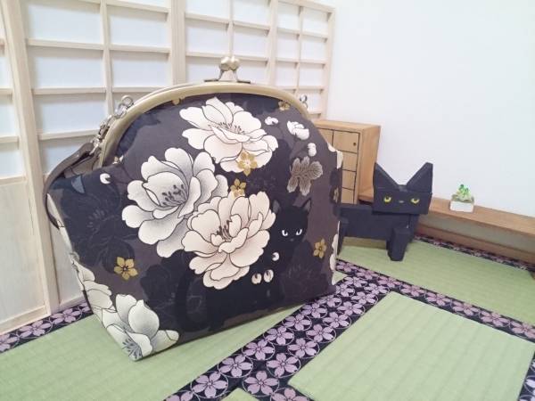 和柄 ねこ 猫 牡丹 3way がま口 ショルダーバッグ ハンドメイド