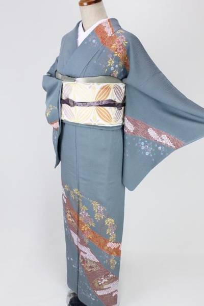 [針子]絞り♪帯露芝にしだれ茶桜◆◇訪問着◇着物正絹卍繋ぎ地紋