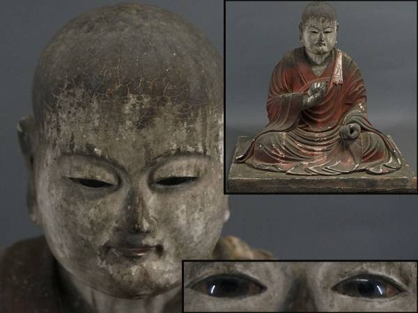 ○仏教美術 玉眼木彫彩色弘法大師像○仏像/空海/東洋彫刻 VO4 仏教美術