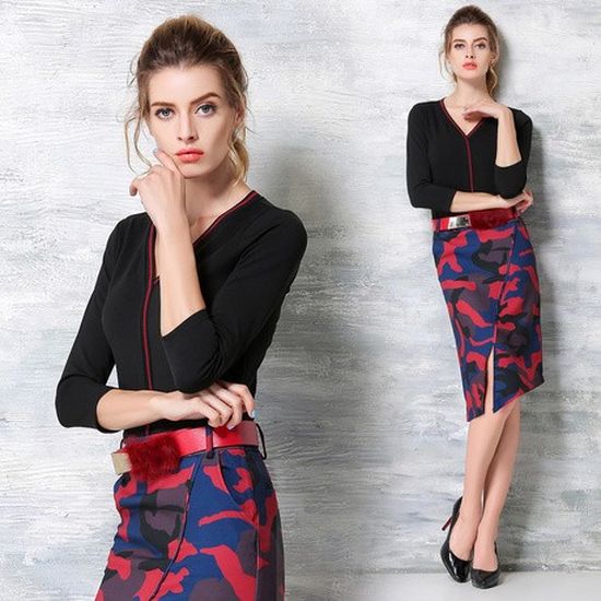 スリット入迷彩スカートドッキングニットワンピ 3L/黒