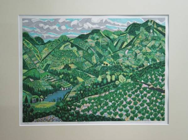 北岡 文雄　　「伊予のみかん山」　　木版画　　額なし
