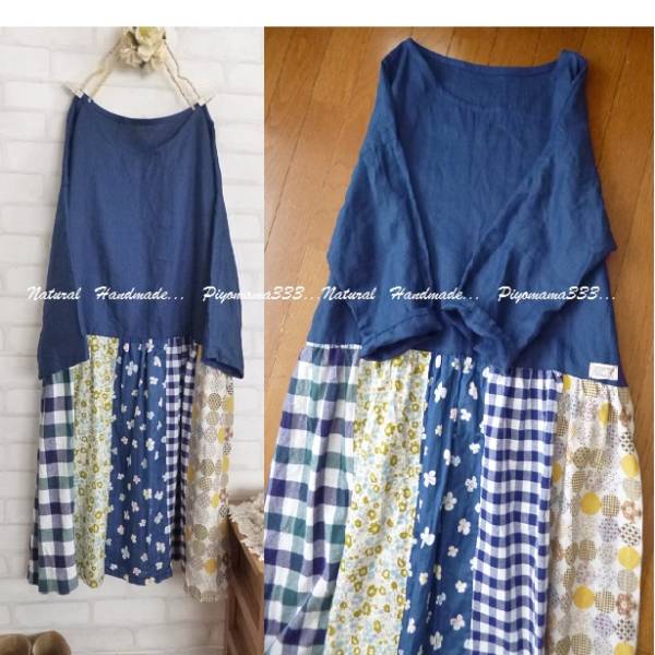 **ターコイズリネン春パッチワンピース*♪ハンドメイド****
