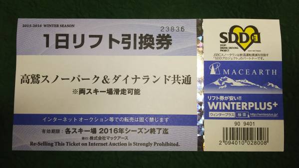 【送料無料】高鷲スノーパーク＆ダイナランド共通リフト券２枚
