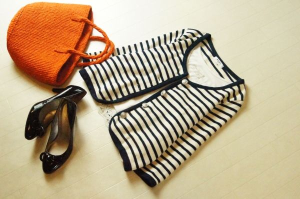 ナチュラルビューティー☆ボーダー柄のノーカラージャケット☆