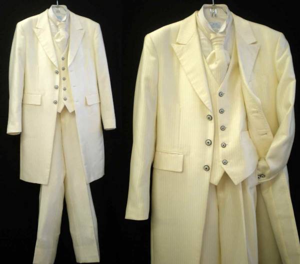A-S★白タキシード3P★ストライプ織の生地 共生地のタイ付