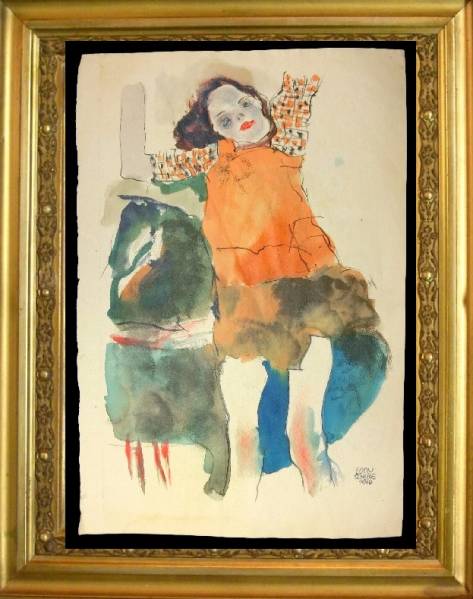 エゴンシーレ 肉筆 女性画 ドローイング(水彩&鉛筆)
