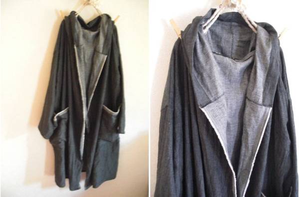 ハンドメイド＊綿麻二重織りデニムブラックのフード羽織