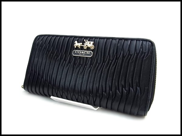 COACH コーチ ギャザー レザー ラウンドファスナー 長財布 黒