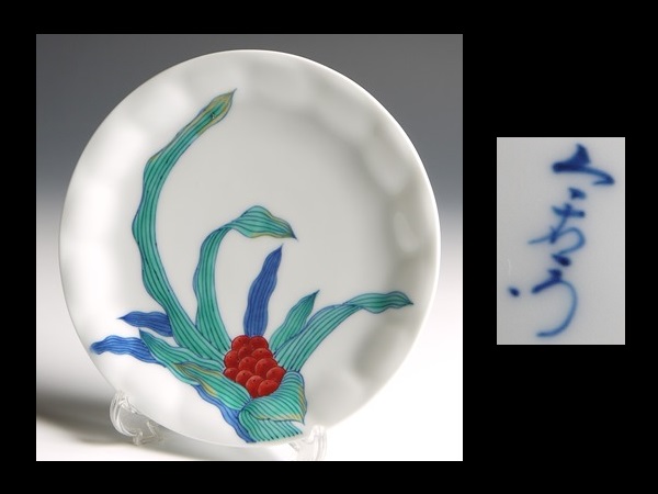 a978 十三代 今泉今右衛門 錦 万年青画 銘々皿 皿揃い 五枚