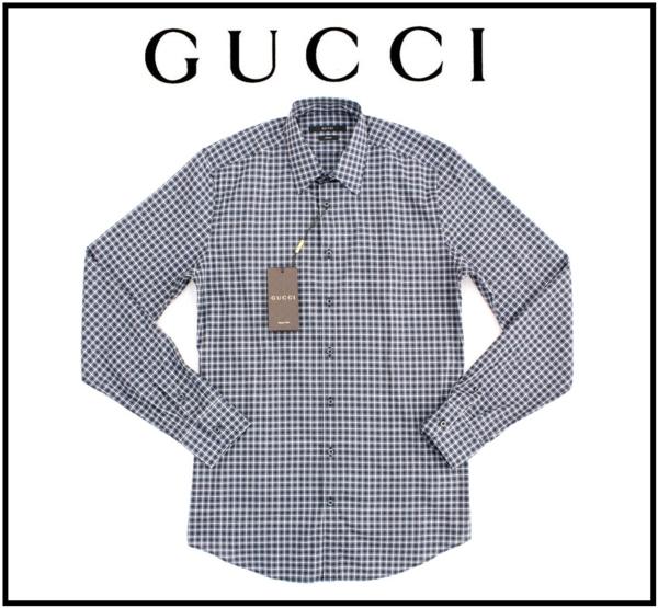 9万新品■43=XL■GUCCIグッチ 紺×白チェックシャツ