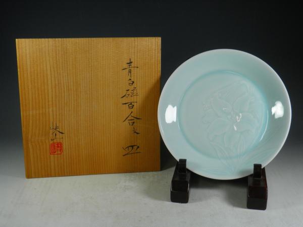 ★陶磁器！人間国宝『塚本 快示』作！青白磁 銘々皿　5枚セット！共箱/栞付！★ ☆陶磁器/人間国宝！青白磁 銘々皿『塚本 快示』作！5枚セット！共箱