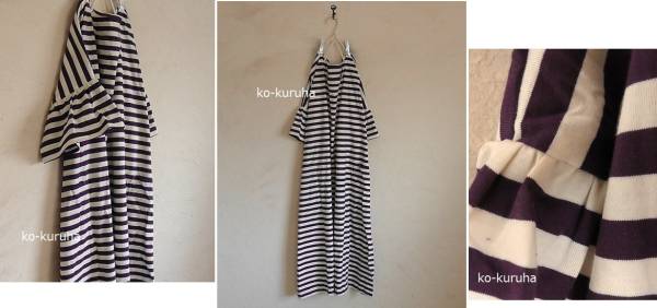 ハンドメイド：：パンジー色ボーダーニット。ギャザー袖ポケ付OP