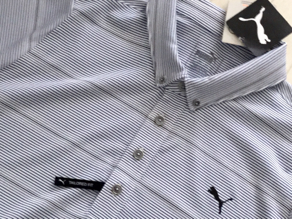 ◆プーマ ゴルフ ストライプ柄 DRY 半袖ボタンダウンシャツ/L