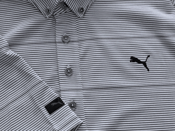 ◆プーマ ゴルフ ストライプ柄 DRY 半袖ボタンダウンシャツ/L