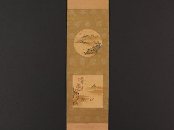 全国無料，格安】 【伝来】a5091〈矢野橋邨〉山水図2作 象牙軸 南画家