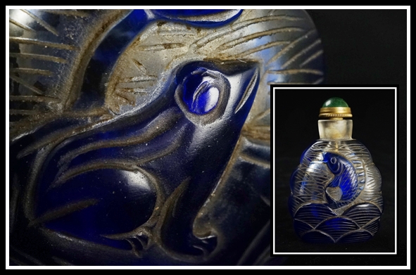 【蔵】中国古玩 乾隆ガラス 鼻煙壷 喫煙具 硝子 蛙鳥 唐物