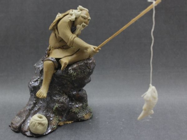 石湾焼き置物 釣り人B-2】陶器 魚と老人 置物 老子 仙人(置物