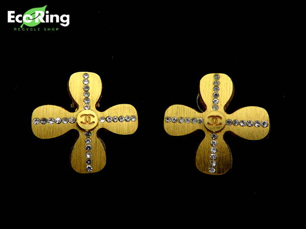 1円 超美品 シャネル 01C 花 ラインストーン イヤリング CK171