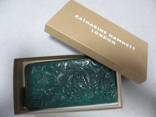 新品/箱有/キャサリンハムネット/総牛革型押し/ファスナー長財布
