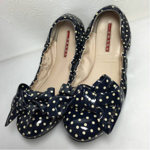 美品 プラダ リボン ロゴ付 バレエシューズ ネイビー 24cm 38