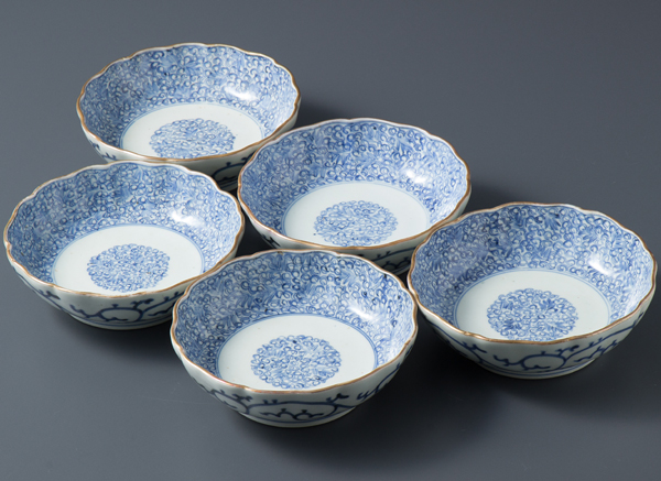 【五】伊万里染付線描輪花なます皿 五客 江戸後期