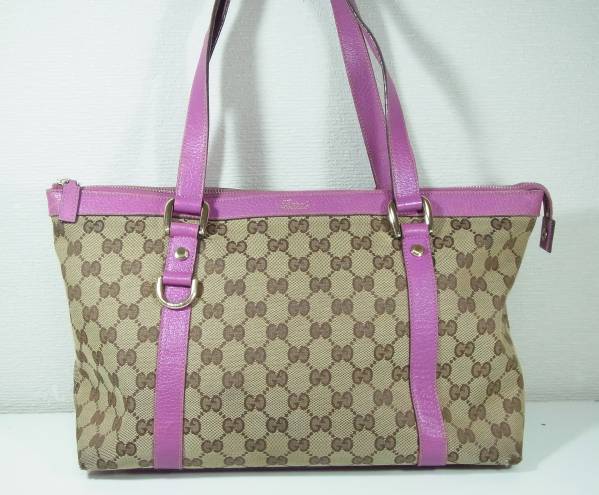★GUCCI グッチ GG柄 キャンパス×レザー トート ピンク★