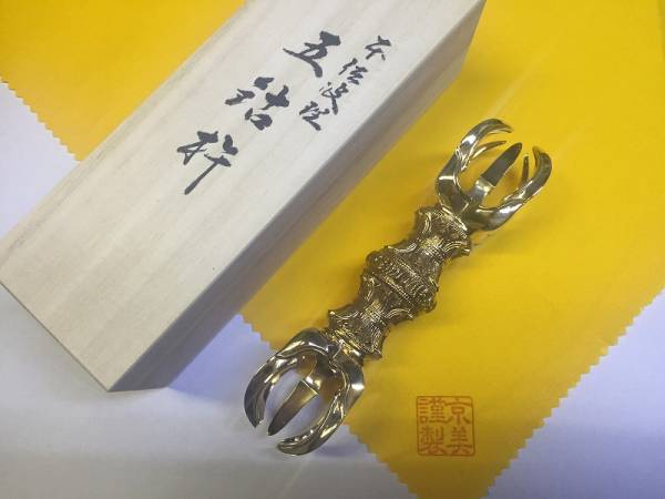 京美作 本佐波理 五鈷杵 共箱付 超希少☆本佐波理☆5寸☆太型☆鬼面五鈷杵☆京美刻☆共箱☆共布