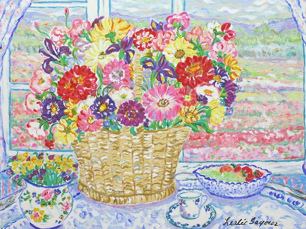 直筆サイン 原画 真作保証レスリー・セイヤー「花」油彩画 真筆 真作