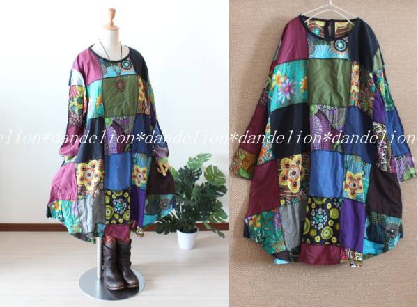 エスニック柄パッチワーク＊両サイドポケットワンピース＊PS970