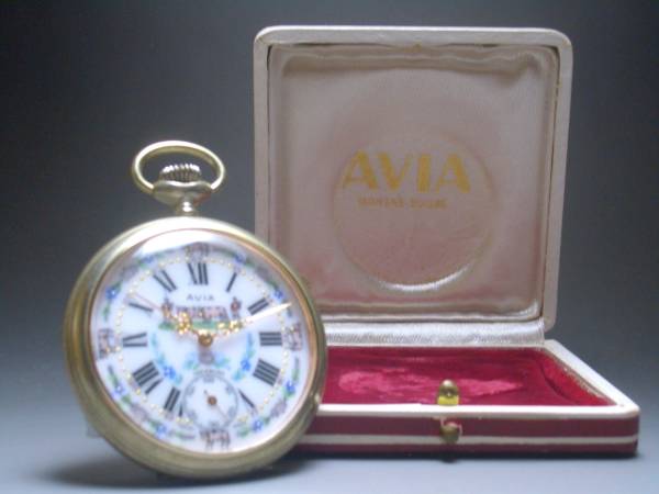 アンティーク AVIA 金彩彩色 豪華文字盤 牛飼彫金 純正箱付 美品