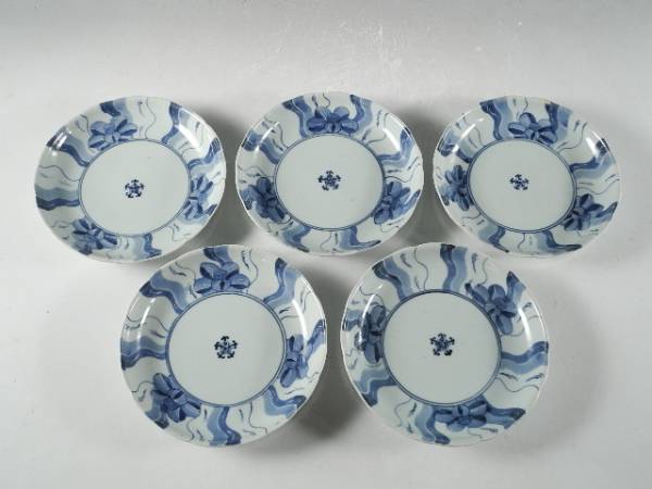 ◇栄◇古伊万里 染付 花文 皿 5客 18cm 江戸期 77a23 工芸品 伊万里