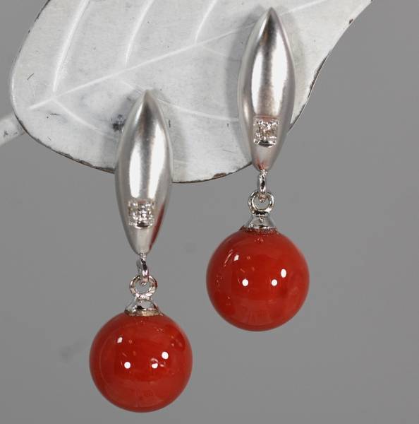 ￥100~K14WG 天然血赤珊瑚7.7㍉ダイヤ0.02ctピアス