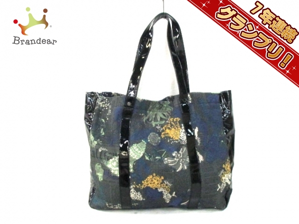 ガリアーノ トートバッグ 美品 ダークグレー×黒×ネイビー 花柄