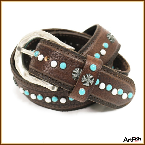 1円NANNI◆濃茶ターコイズ装飾レザー革ベルトv186a*85ｃｍ新品