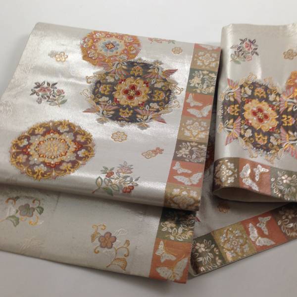 正絹 袋帯 六通柄 引き箔 華紋 蝶 花喰い鳥 銀 美品 袋帯 秀品 関西 