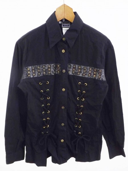 VERSACE メデューサ ボタン 51個 デザイン ブラウス 黒 S*50145