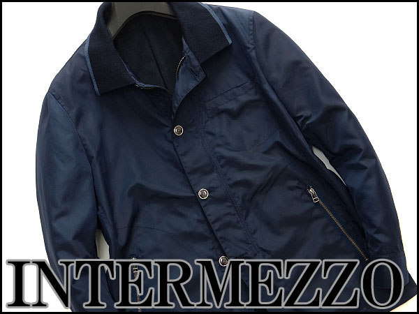 新品インターメッツォ 裏起毛ナイロンオックスブルゾンL青J26675