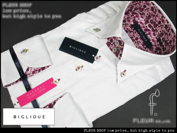 ■T063■ビリドゥーエ 長袖 日本製生地 花柄ドレスシャツL 白