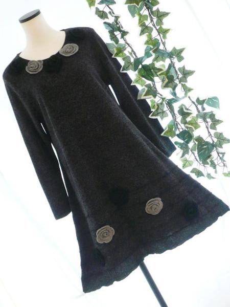 【新品】0517【L】フェミニン花モチーフ上質ニットワンピ グレー