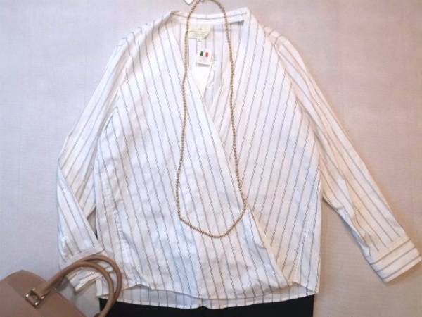 □23区大きいサイズ44カンジョリストライプカシュクールシャツ□