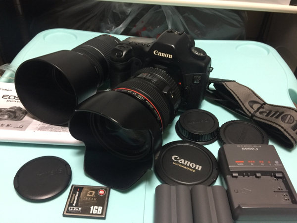 Canon EOS 5D ボディと名機24－105 F4レンズ 付属品 前にカメラ