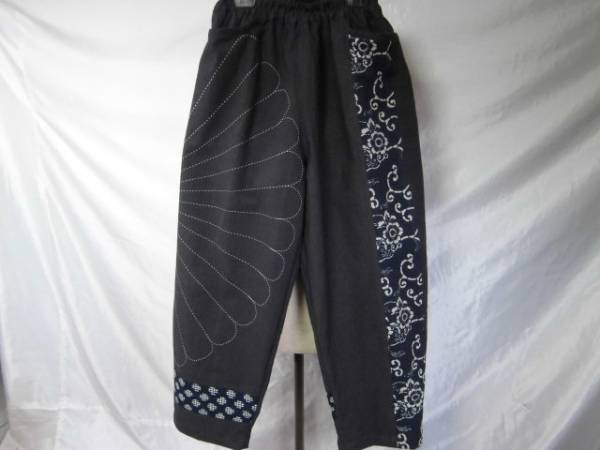 工房D　古布リメイク　藍染　刺し子　型染ゆったりゴムパンツ